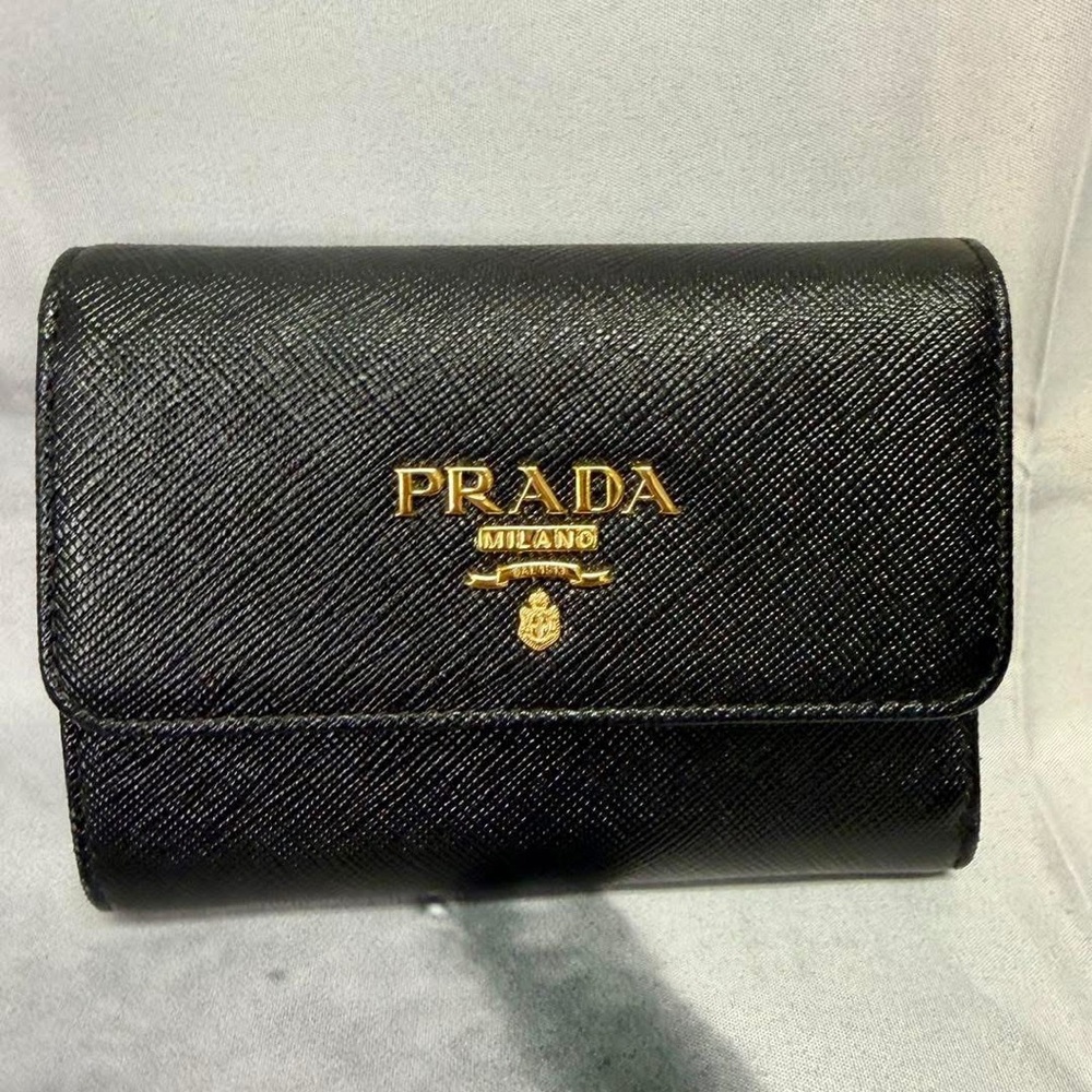 Prada Black Saffiano Leather Card Wallet with Gold Logo